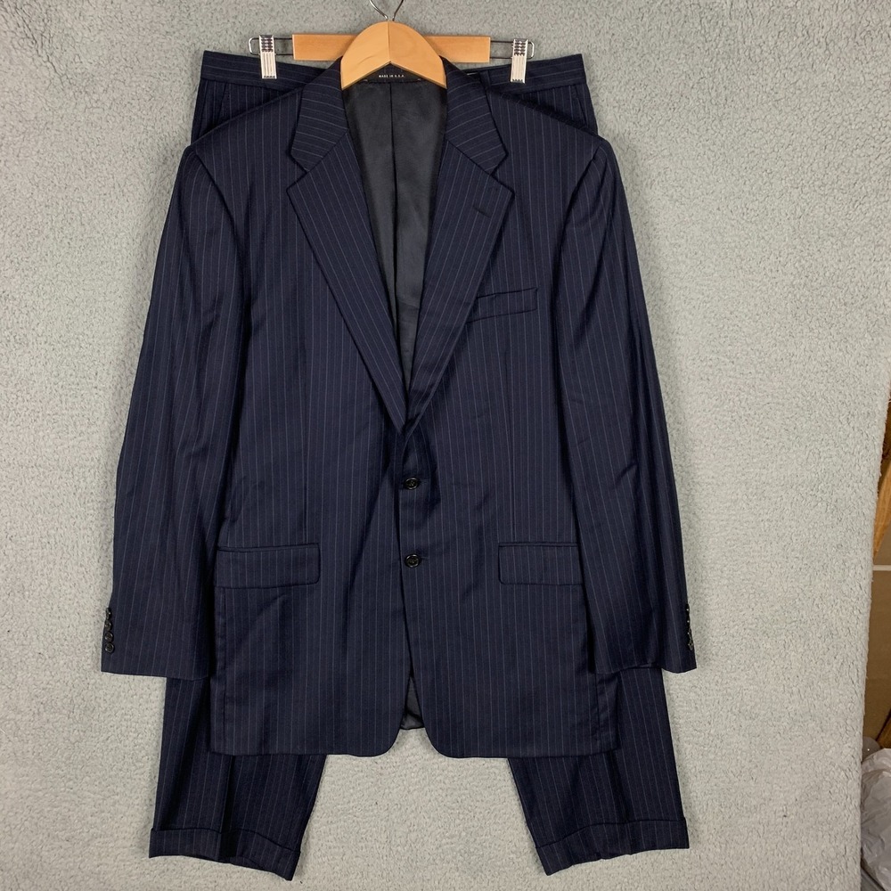 Hickey Freeman 2‎ Piece Suit 42L Navy Pinstripe Wool H F LTD Pants 34 x 30